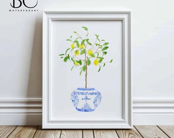 Watercolor Lemon Tree Art Print, Blue and White print, lemon home decor, Citrus Tree in vase, lemon lover gift