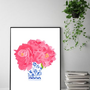 Coastal Blues Watercolor porcelain print, Watercolor pink Peonies Chinoiserie Vases, Blue and White porcelain, Pink floral watercolor image 5