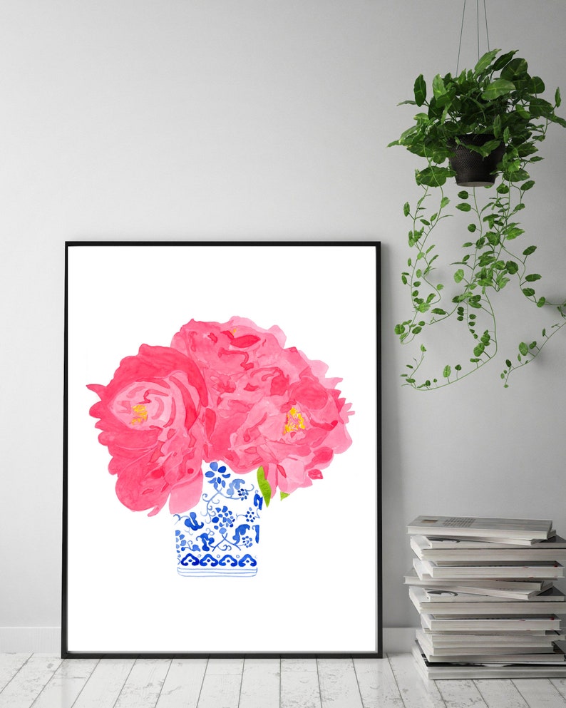 Coastal Blues Watercolor porcelain print, Watercolor pink Peonies Chinoiserie Vases, Blue and White porcelain, Pink floral watercolor image 5