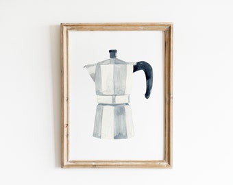 Watercolor Vintage Coffee maker art, Coffee Pot print, Kitchen Kitsch, Coffee Print, Kitchen Art Print, Coffee Lover Gift, Coffee Wall Decor