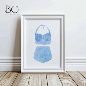 Vintage style blue or pink swimsuit watercolor print, swimsuit art, beach house Decor, lake house wall art, nautical art, blue or pink Decor