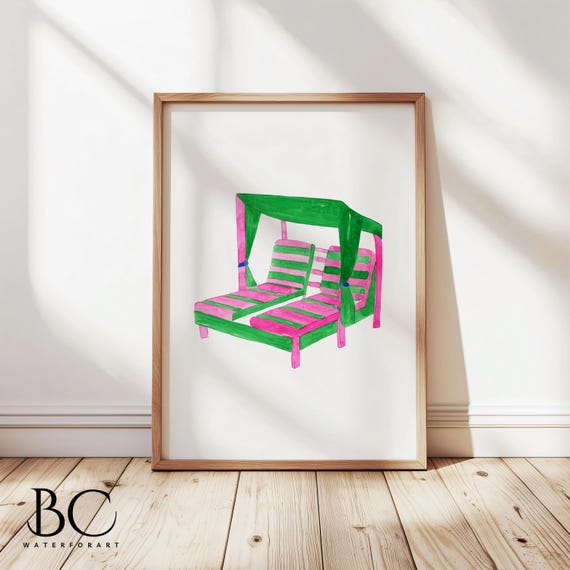Watercolor Double Chaise Lounge Art Print: Retro Beach Decor