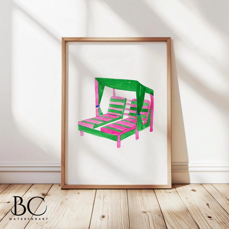 May include: A watercolor illustration of a pink and green striped double lounge chair with a green canopy. The chair is set against a white background.