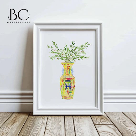 Watercolor Chinese porcelain print, double happiness vase print, Olive Branches Art Print, Chinoiserie artwork, Antique porcelain vase print