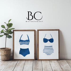 Watercolor Vintage Bathing Suit Print set, Navy Blue and White Swimsuit Art Print, Beach House Decor, Lake House Wall Art, Nursery decor