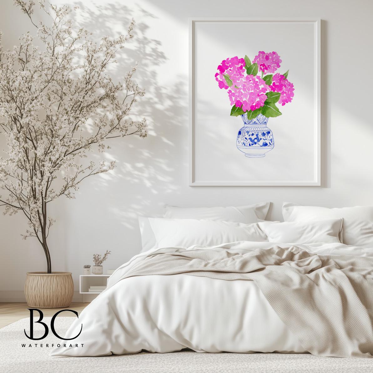 Watercolor Pink Hydrangea in Blue Vase Art Print, Hydrangea Blue and ...