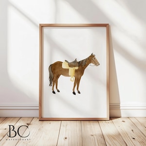 May include: A watercolor painting of a brown horse with a yellow saddle. The horse is standing on a white background.
