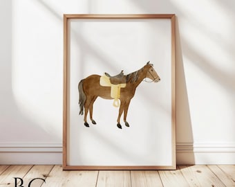 May include: A watercolor painting of a brown horse with a yellow saddle. The horse is standing on a white background.
