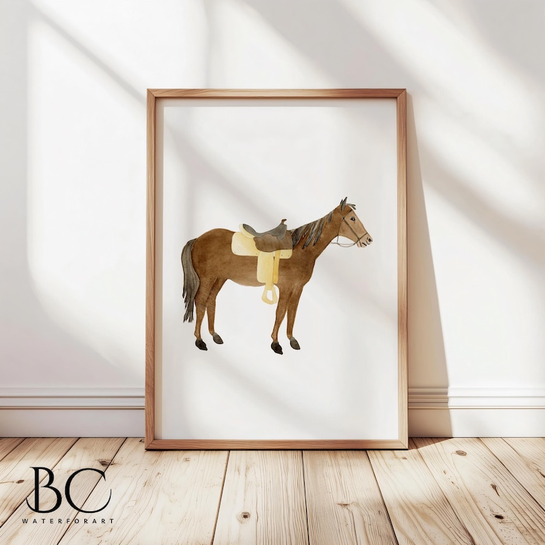 May include: A watercolor painting of a brown horse with a yellow saddle. The horse is standing on a white background.