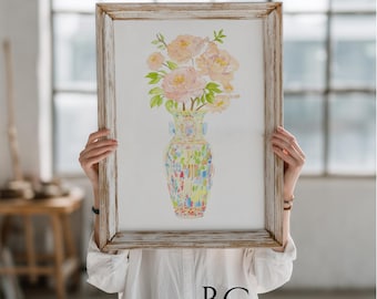 Watercolor Peonies in Chinoiserie Vase Art Print, Pink Floral Wall Art, Blue & White Ginger Jar, Botanical Wall Decor, Peonies lover gift