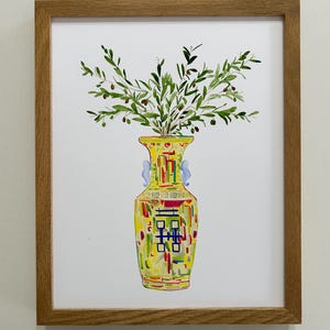 May include: A watercolor painting of a yellow and green vase with a bouquet of olive branches. The vase has a traditional Chinese design with red, blue, and green accents.