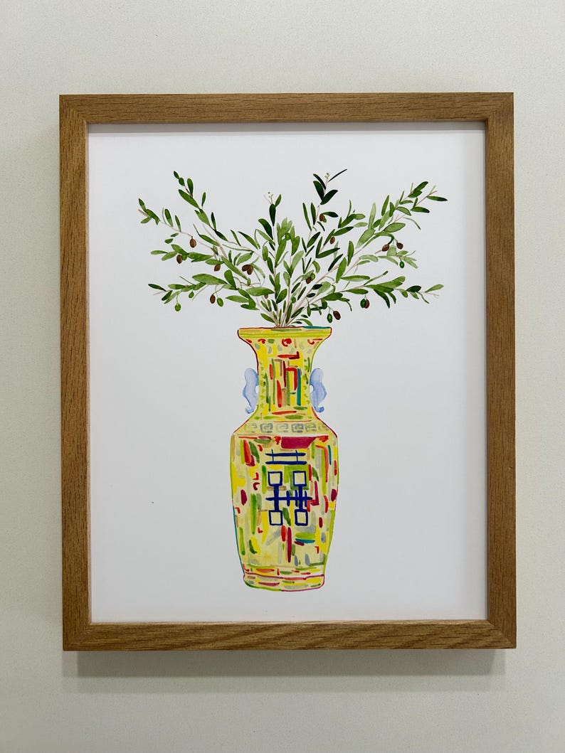 May include: A watercolor painting of a yellow and green vase with a bouquet of olive branches. The vase has a traditional Chinese design with red, blue, and green accents.