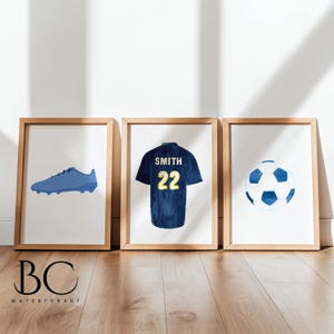 Personalized boys watercolor soccer art print set, soccer cleats ball jersey nursery decor, custom jersey art, soccer lover gift