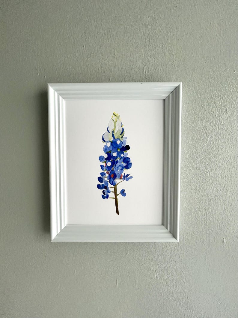 May include: A white framed print of a watercolor painting of a bluebonnet flower. The flower is blue with a yellow center and is set against a white background.