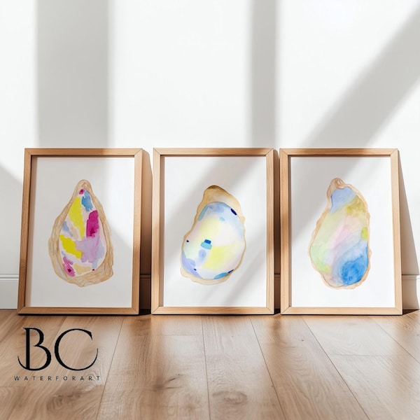 Watercolor Oyster Art Print set of 3, Oyster Shell prints, Beach House Decor, Lake House Wall Art, Shell art, Oyster Painting, Oyster Art
