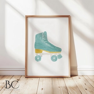 May include: Watercolor painting of a teal roller skate with yellow accents and white wheels, framed in a wooden frame. The artwork is displayed on a white background, leaning against a wooden floor.