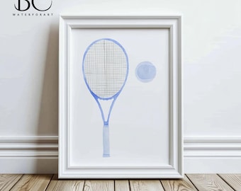 May include: A framed watercolour painting of a blue tennis racket and a blue tennis ball.