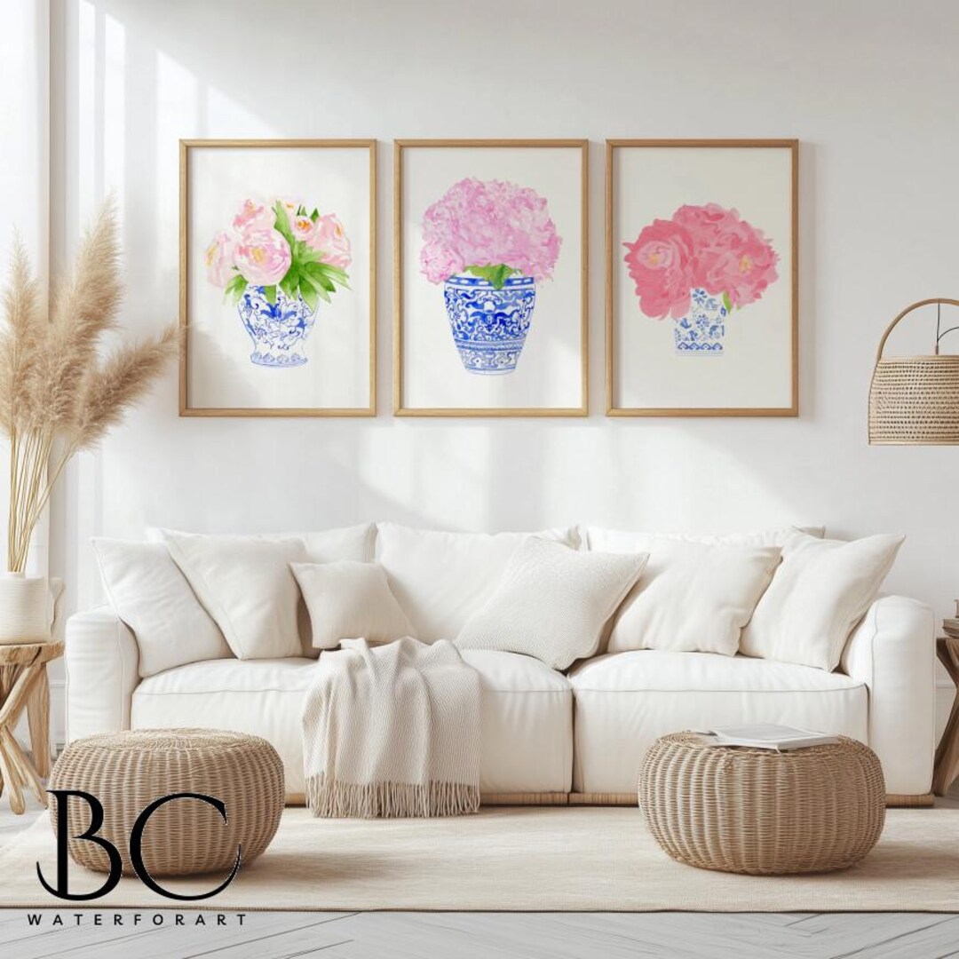 Set of 3 Coastal Blues Watercolor Peony in Blue Vase Art Prints, Blue ...