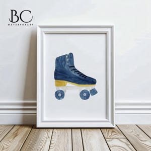 May include: Watercolor painting of a blue roller skate in a white frame. The skate has black laces, gold accents, and blue wheels. The artwork is displayed on a white wall with a wooden floor. The text "BC WATERFORART" is in the upper left corner.