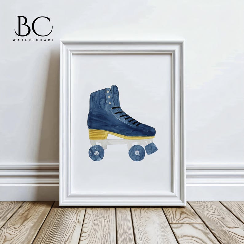 May include: Watercolor painting of a blue roller skate in a white frame. The skate has black laces, gold accents, and blue wheels. The artwork is displayed on a white wall with a wooden floor. The text "BC WATERFORART" is in the upper left corner.