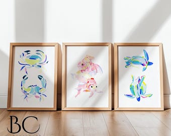 Watercolor Set of 3 Tropical Fish Prints, Crab, Turtle Art, Ocean Animal Prints, Beach Home Decor, Coastal Art Print, Tropical Sea life art