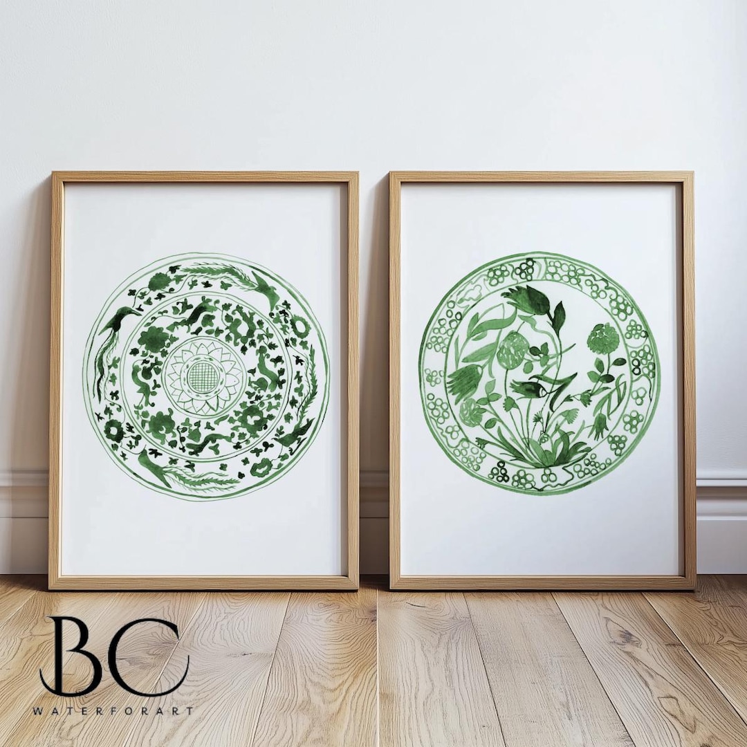 Watercolor Chinoiserie Green Plates Set of 2 Prints, Green Chinoiserie ...