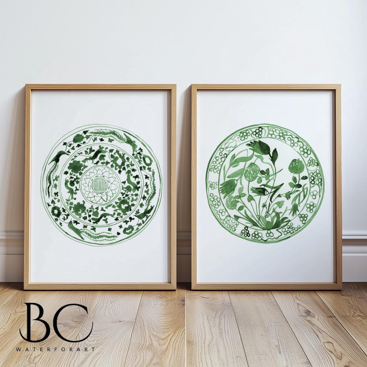 Watercolor Chinoiserie Green Plates Set of 2 Prints, Green Chinoiserie ...