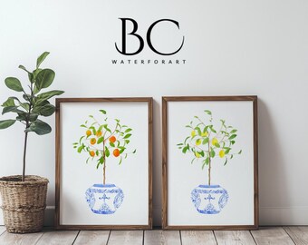 Watercolor Lemon orange tree art prints, Set of 2 Blue White porcelain print, Ginger Jar Print, lemon watercolor , Blue White Vase & Citrus