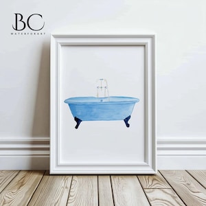 Watercolor Bathroom Art Print, Blue Bathtub art print, Bathroom Wall Decor, Bathroom Artwork, Bathtub Art Print, Bathroom Artwork Gift