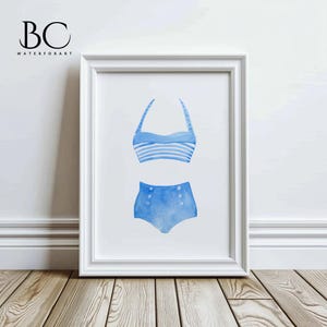 Watercolor Vintage Style Swimsuit Art, Blue Swimsuit Print, Beach House Decor - Lake House Wall Art - Nautical Art - Blue Wall Decor