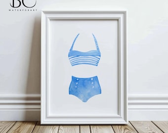 Costume da bagno in stile vintage ad acquerello, stampa di costume da bagno blu, decorazione per casa al mare - decorazione murale per casa sul lago - arte nautica - decorazione murale blu