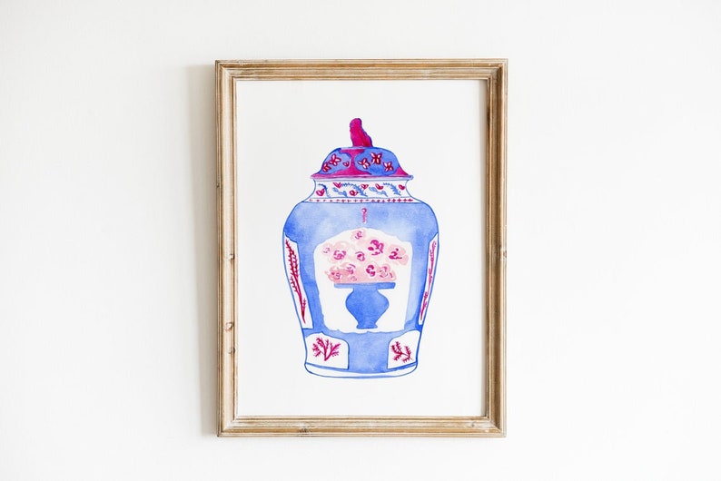 Set of 6 chinoiserie art, ginger jar, gallery wall prints, gallery wall art, pink print, trendy wall art, Watercolor peony porcelain print image 3