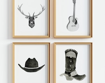Western-set met aquarelprint: cowboylaarzen, hoed, gitaar, hert