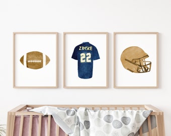 Personalized Watercolor Football Jersey and Helmet Art Print Set for kids Room Nursery or Office, Custom Football Lover's Gift Idea
