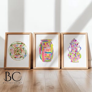 Set of 3 Watercolor Famille Rose Porcelain Print, Pink Chinoiserie Art print, Famille Rose Vase, ginger jar, plate, Rose medallion print
