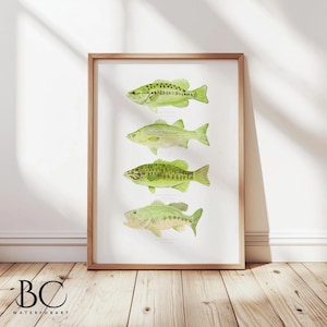 Watercolor Bass Art print, Bass Watercolor Prints, Largemouth Smallmouth Spotted White Bass Art Set, Fishing Print, Lake & Beach house Decor