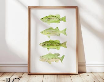 Watercolor Bass Art print, Bass Watercolor Prints, Largemouth Smallmouth Spotted White Bass Art Set, Fishing Print, Lake & Beach house Decor