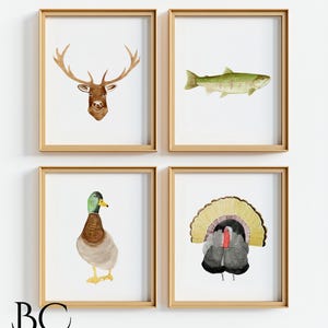 Aquarell Jagd und Angelgalerie Wandkunstdrucke, erstellen Sie Ihr eigenes Thema, Haus am See oder Strand Hausdekor, Angeln Jagdgeschenk