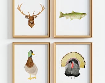 Aquarel jagen en vissen galerij muurkunstafdrukken, maak je eigen thema, meerhuis- of strandhuisdecor, visjachtcadeau