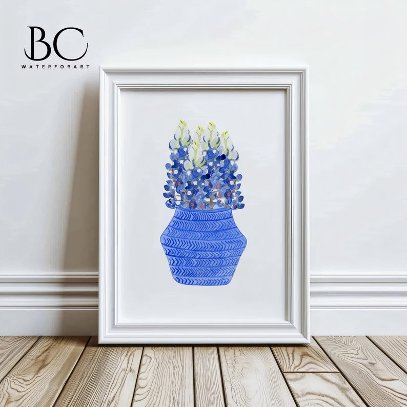 May include: A watercolor painting of a blue vase with a white and blue chevron pattern filled with blue and green Texas bluebonnets.