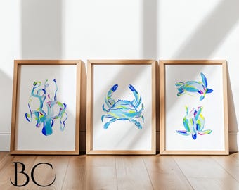 Watercolor Set of 3 Blue Crab, Sea turtle, Octopus, art print, Ocean Life Wall Art, Ocean animal Prints, Beach Home Decor, lake house decor