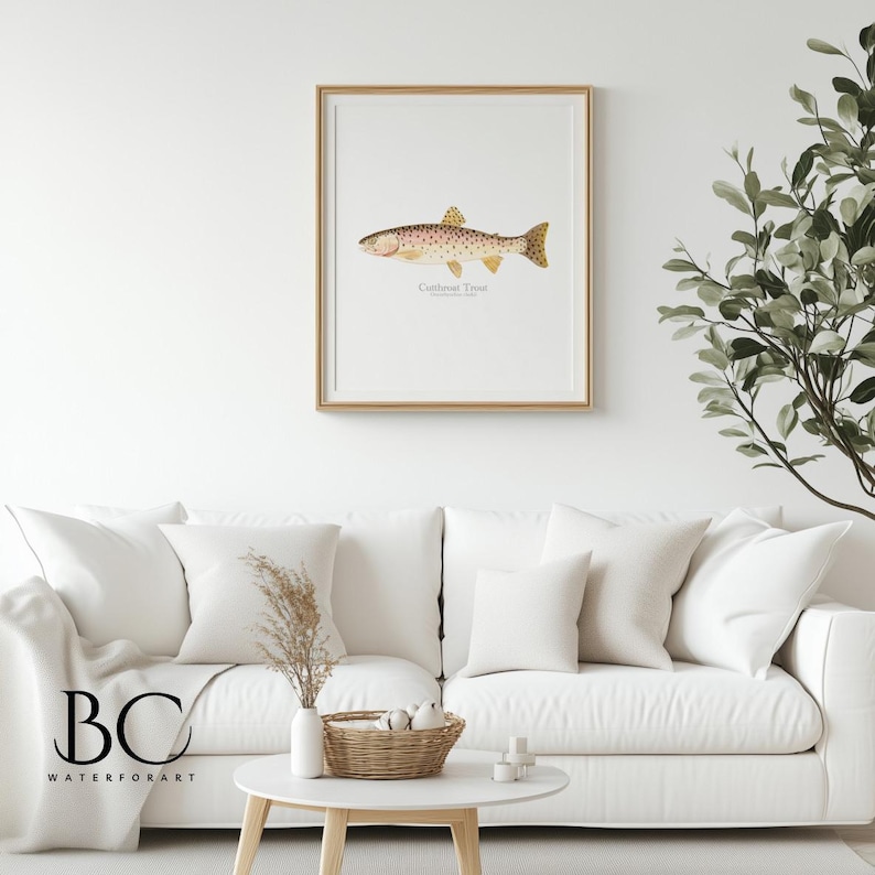 May include: A framed print of a watercolor illustration of a Cutthroat Trout fish. The fish is depicted in a realistic style with brown, yellow, and red markings. The print is set against a white background and has a wooden frame.
