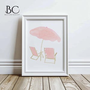 Watercolor Pink Beach Chair, Watercolor Beach art, Pink Beach print, Pink Beach wall art, Watercolor pink retro, Beach theme art