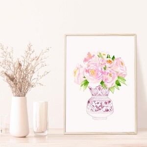 Set of 6 chinoiserie art, ginger jar, gallery wall prints, gallery wall art, pink print, trendy wall art, Watercolor peony porcelain print image 5