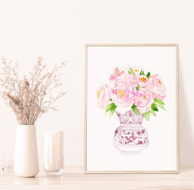 Set of 6 chinoiserie art, ginger jar, gallery wall prints, gallery wall art, pink print, trendy wall art, Watercolor peony porcelain print image 5