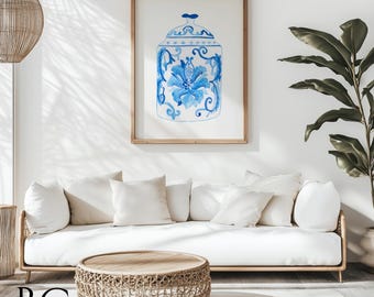 Chinoiserie Ginger Jar Print: Blue & White Watercolor Porcelain Art