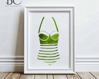 Costume da bagno vintage verde ad acquerello, stampa artistica di costumi da bagno, arte di costumi da bagno, arredamento per case sulla spiaggia, arte per case sul lago, decorazione da parete verde