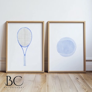 Conjunto de impressões artísticas de tênis em aquarela, pôsteres de tênis, arte com bola e raquete de tênis, arte de tênis, impressões artísticas esportivas, arte esportiva para berçário, decoração esportiva