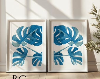 Watercolor Blue Monstera Leaf Art Print Set, Boho Tropical decor, Botanical Plant Print, Minimalist Leaf Wall Art, Bedroom Living Room Decor