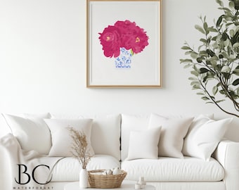 Watercolor Pink Peonies Print: Chinoiserie Vase Floral Art